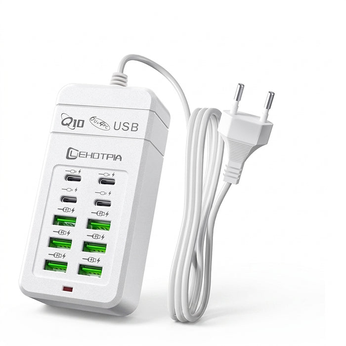 Portable Power Strip with USB‑A & USB‑C — 1.2m Cable, EU/UK/US Plug
