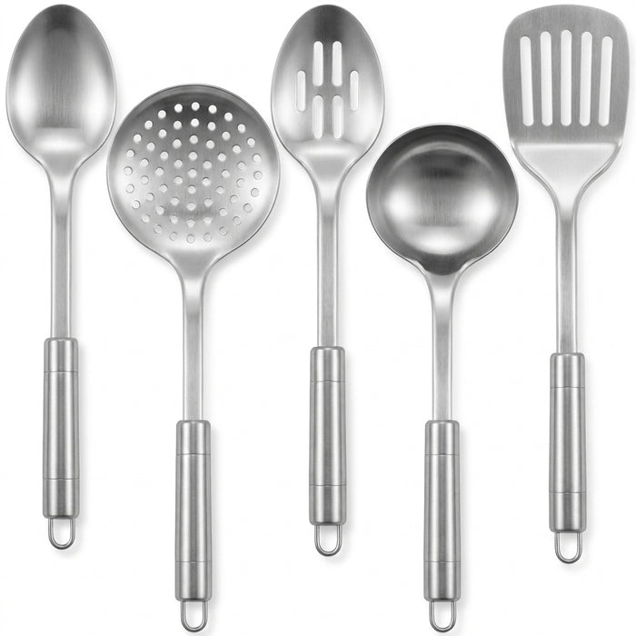 5-Piece Stainless Steel Kitchen Utensil Set — Spoons & Spatula with Ergonomic Handles