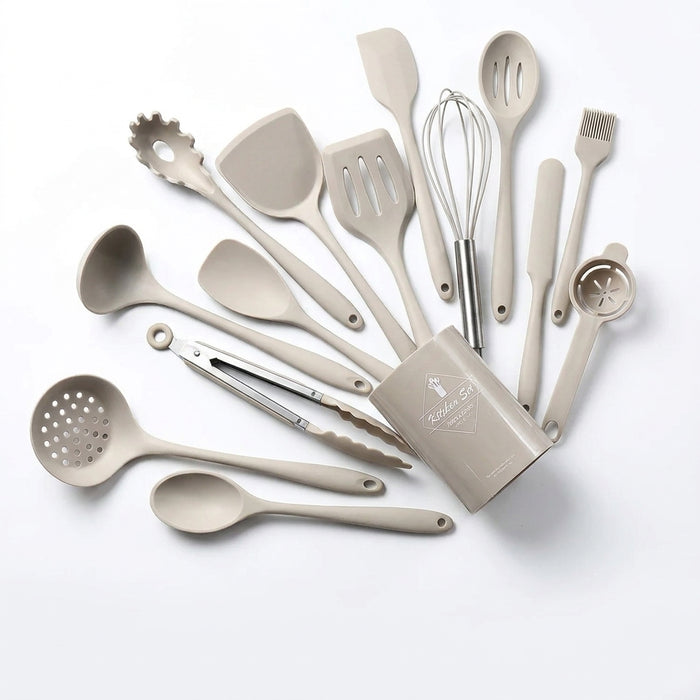 15-Piece Khaki Food-Grade Silicone Kitchen Utensil Set