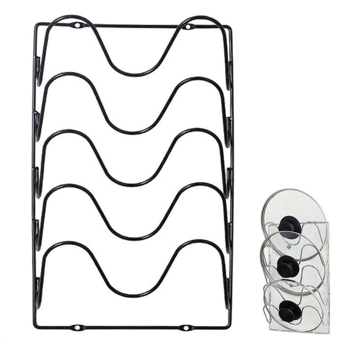5-Tier Wall-Mounted Pot Lid Rack — Stainless Steel, Foldable, Space-Saving