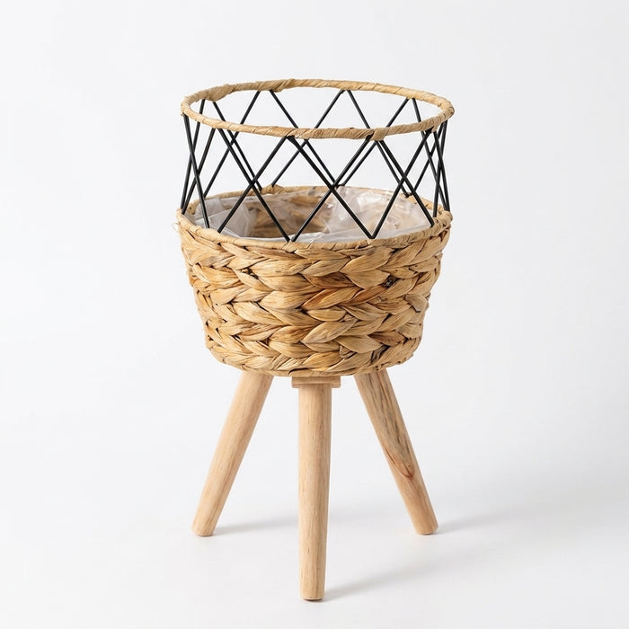 Floor‑standing Rattan Plant Stand with Wooden Legs — Indoor Pothos Holder