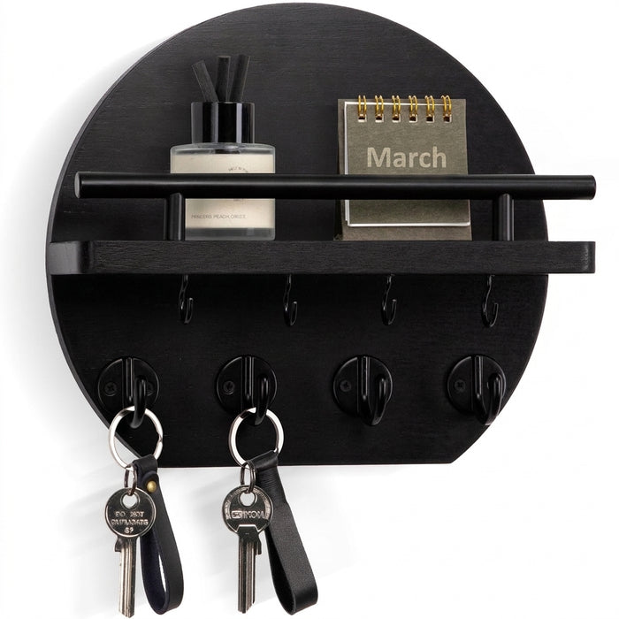 Wooden Wall-Mounted Key & Mail Holder with 8 Key Hooks and Shelf for Sunglasses & Dog Lead