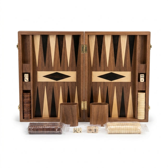 Handmade Foldable Wooden Backgammon Set – 11–17 inch, Inlaid Board & Full Accessory Set