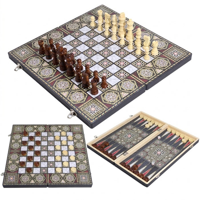 Luxury Knight 3-in-1 Wooden Foldable Game Board — Chess, Checkers & Backgammon
