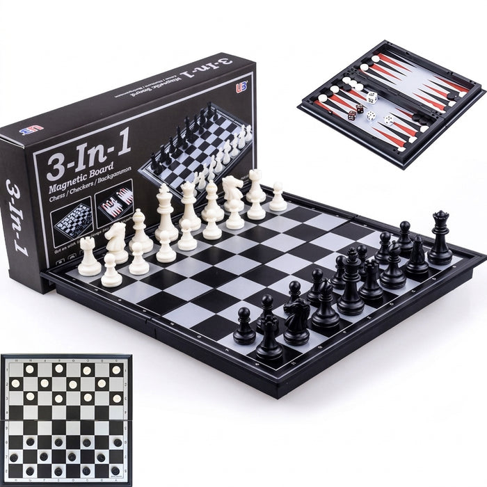 Foldable Magnetic 3-in-1 Board — Chess, Checkers & Backgammon, 25cm