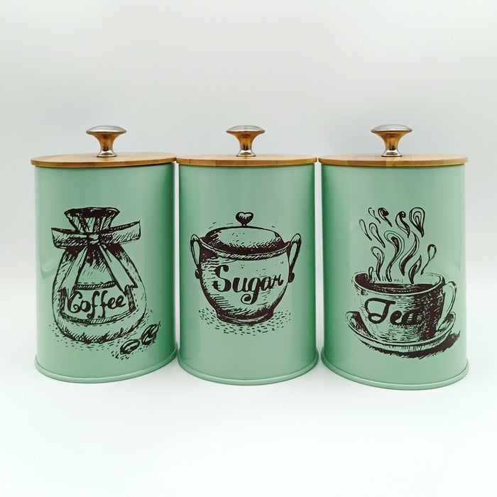 3-Piece Kitchen Canister Set — Coffee, Sugar & Tea Storage with Bamboo Lids