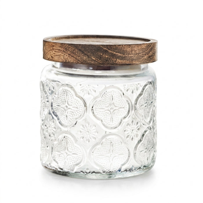 Vintage Glass Canister with Wooden Lid — Airtight Embossed Jar (M)