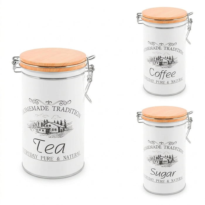 3‑Piece Metal Tea, Coffee & Sugar Canister Set with Bamboo Lids