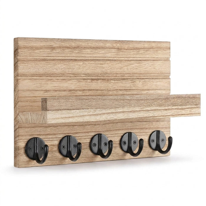 Wooden Wall-Mounted Key Holder with Mail Organiser | 5 Hooks (Dark Khaki/Black)