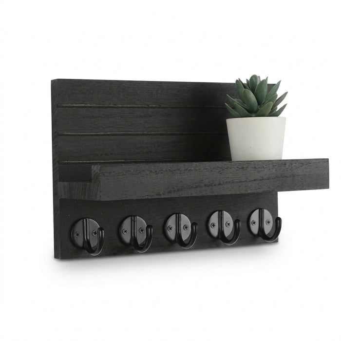 Wooden Wall-Mounted Key Holder with Mail Organiser | 5 Hooks (Dark Khaki/Black)