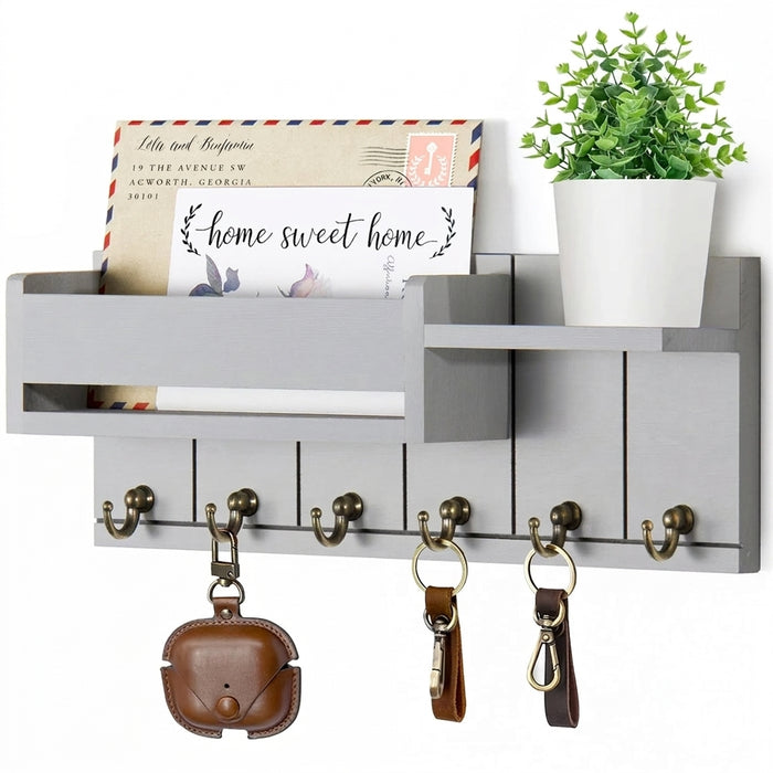 Rustic Wooden Key Rack & Mail Organiser — 6 Hooks with Shelf