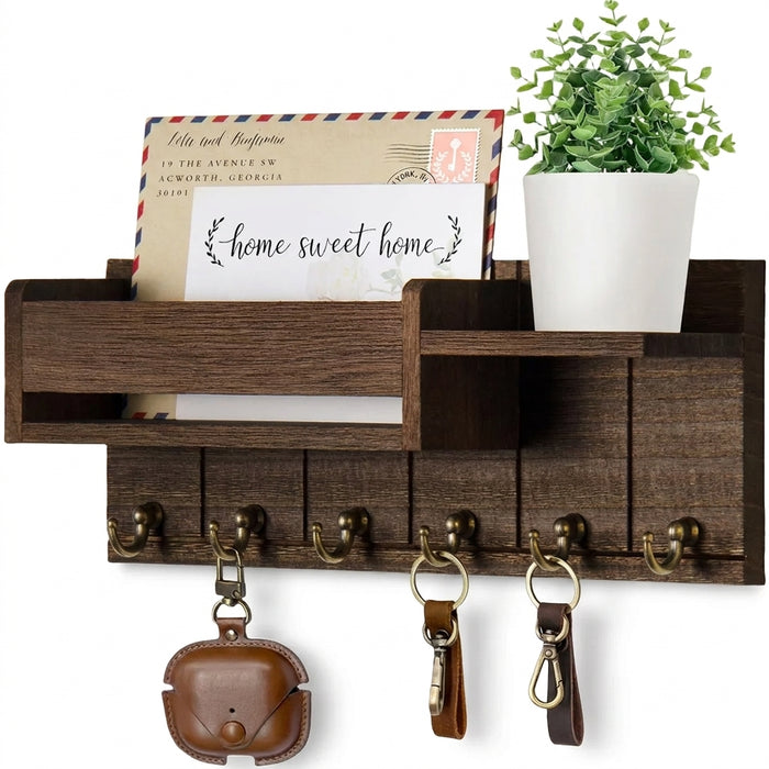 Rustic Wooden Key Rack & Mail Organiser — 6 Hooks with Shelf