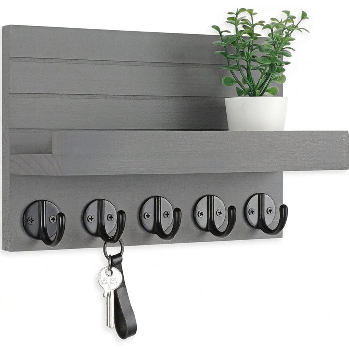 Wall-mounted Key and Mail Shelf with 5 Hooks - Wooden Entryway Rack