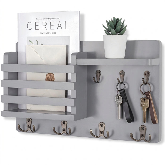 Rustic Wall-Mounted Mail Organiser with Key Hooks & Floating Shelf