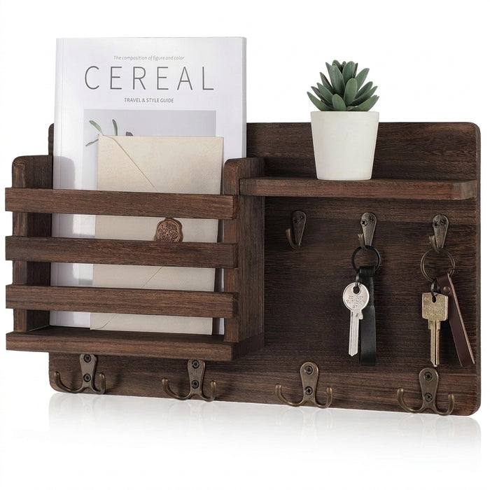 Rustic Wall-Mounted Mail Organiser with Key Hooks & Floating Shelf