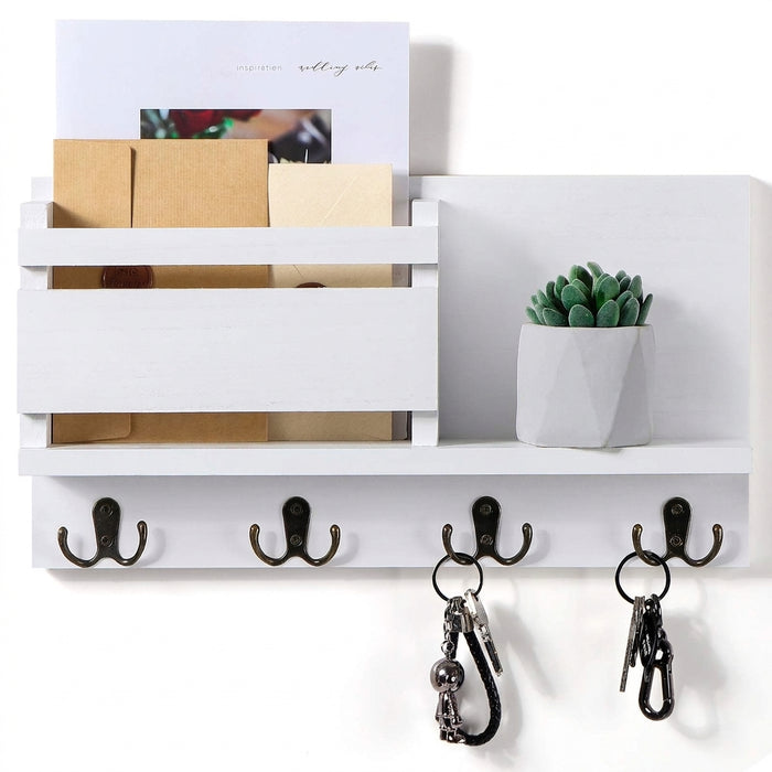 Wooden Wall-Mounted Key and Mail Holder — Rustic Letter Sorter with 4 Hooks