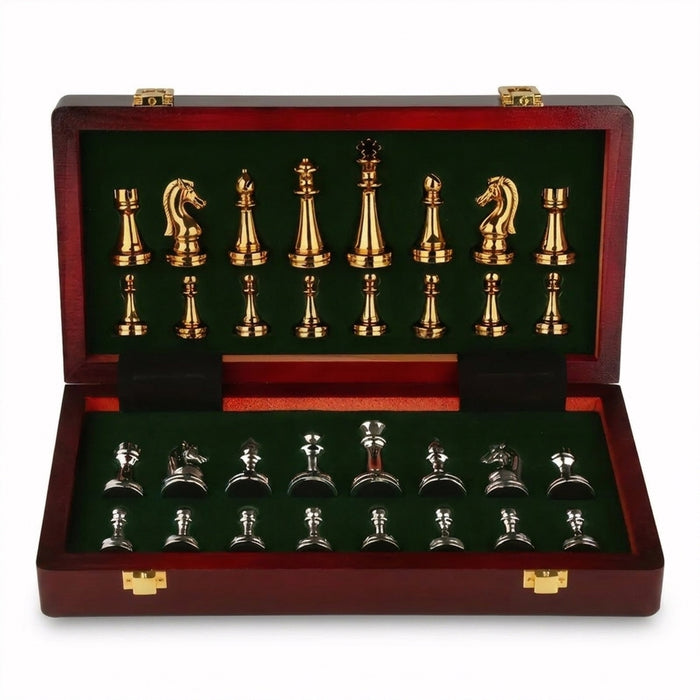 Deluxe 30cm Folding Wooden Checkers & Chess Set with Zinc Alloy Pieces