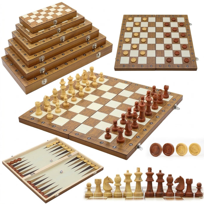 3‑in‑1 Foldable Wooden Travel Board — Chess, Checkers & Backgammon