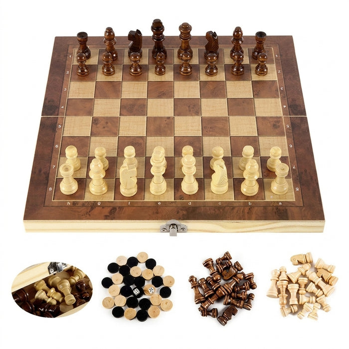 3-in-1 Folding Wooden Chess Board – Portable Chess, Checkers & Backgammon (24cm)