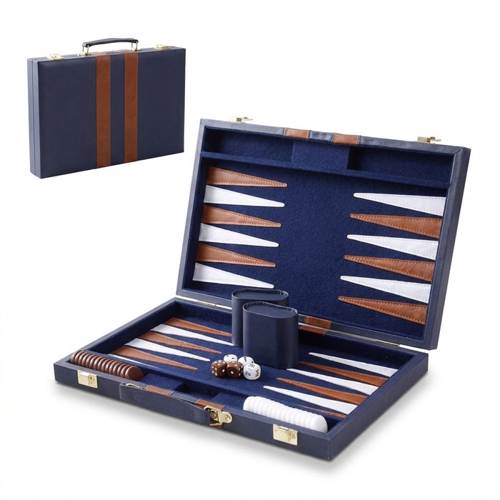 15-Inch Travel Leather Backgammon Set – Compact Portable Board