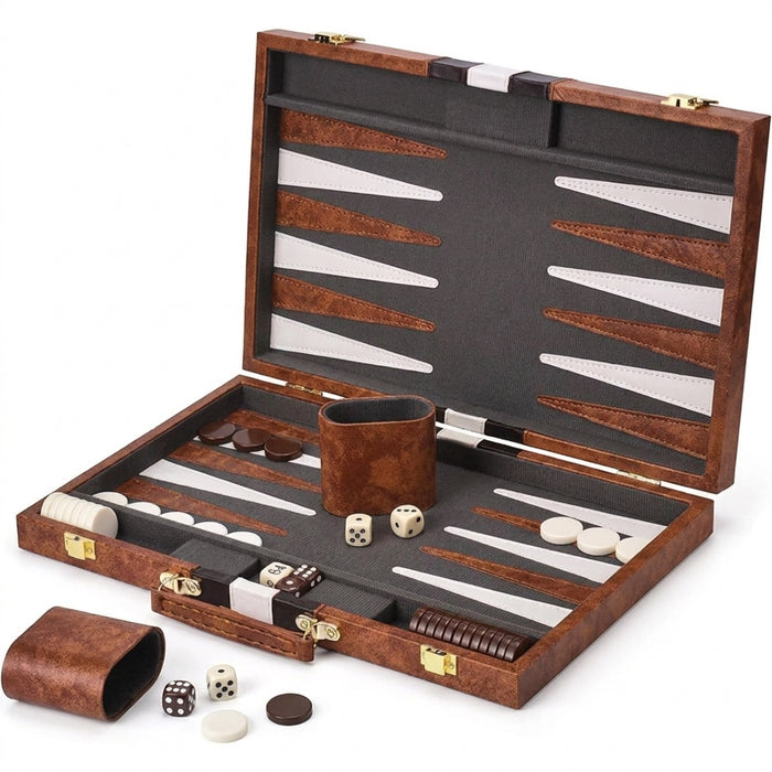 15-Inch Travel Leather Backgammon Set – Compact Portable Board