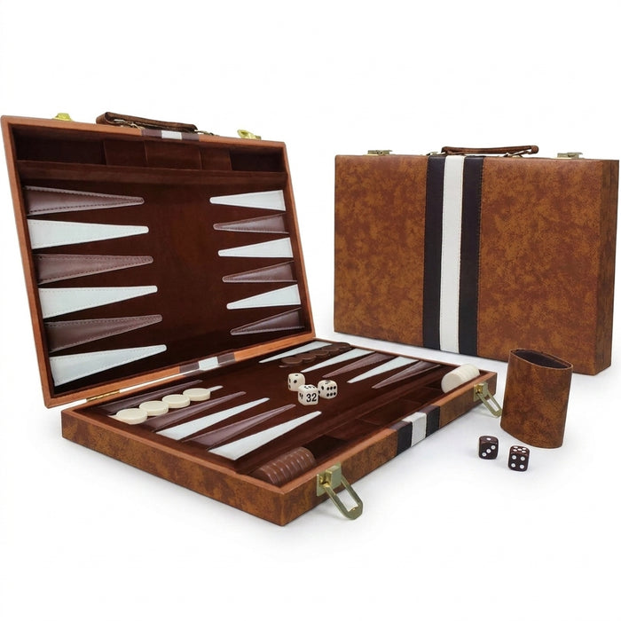 Classic 3‑in‑1 Backgammon Travel Set with Leather Case — Chess & Checkers (11/15/18 inch)