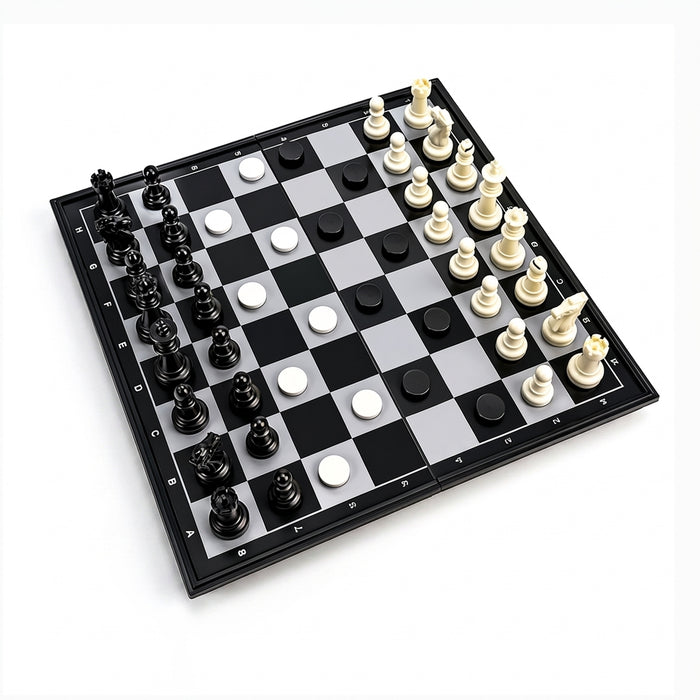 3-in-1 Folding Chess, Checkers & Backgammon Set — Portable Travel Board (4 Sizes)