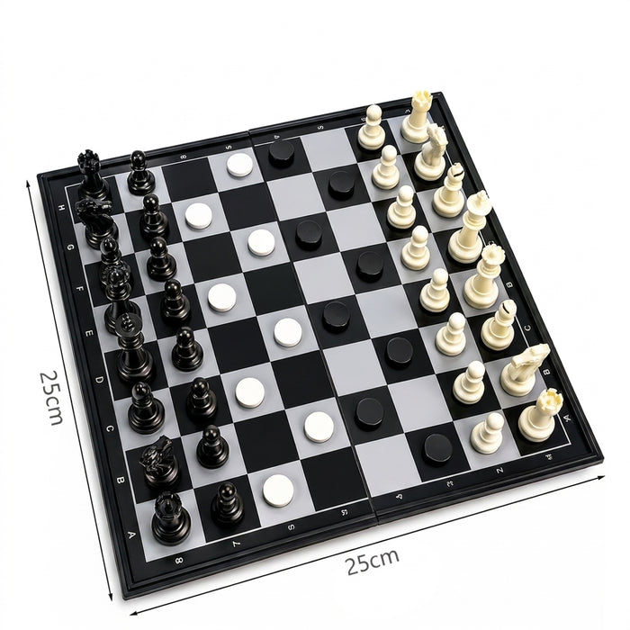 3-in-1 Folding Chess, Checkers & Backgammon Set — Portable Travel Board (4 Sizes)