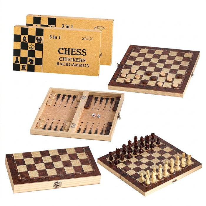 Wooden 3‑in‑1 Chess, Checkers & Backgammon Set – Foldable Travel Board