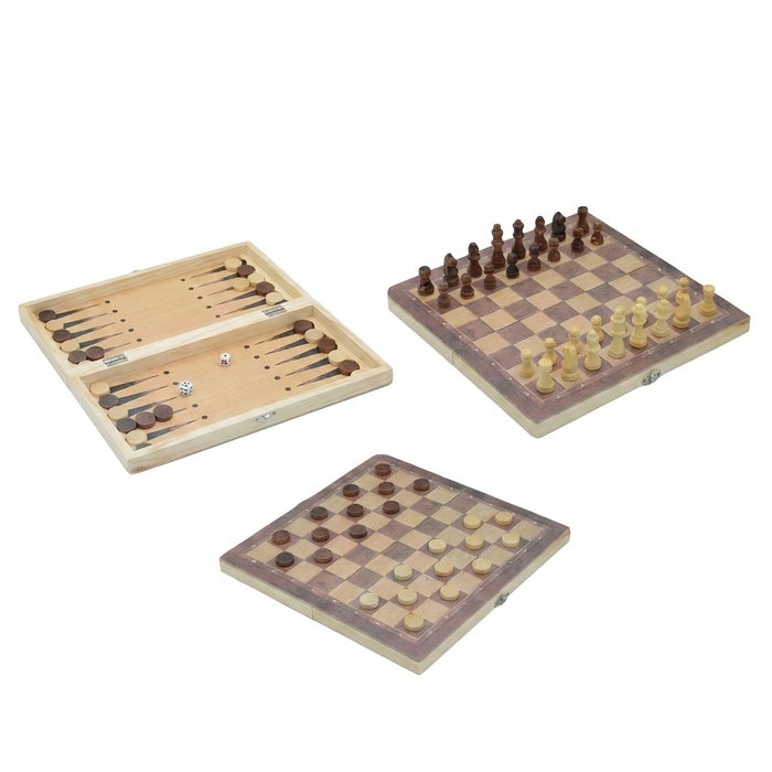 3-in-1 Folding Wooden Game Set — Chess, Checkers & Backgammon (24cm)